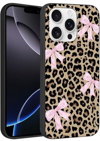Foonary Leopard Pink Bow Print Case for iPhone 16 Pro 6.3,Cute Aesthetic Design Silicone Soft cheetah print Pattern Phone Cover for Girls, Preppy Shockproof Protective Case for Women