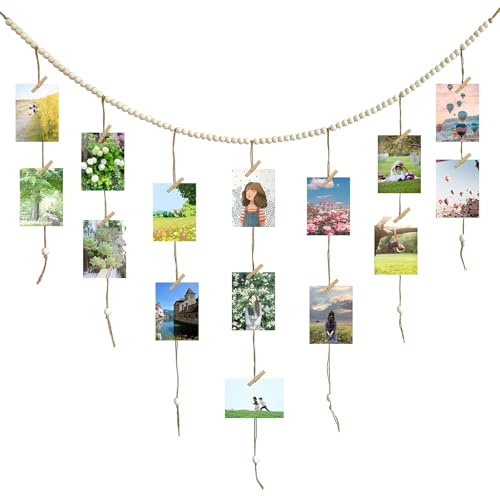 Corde photo avec pinces en bois, suspension créative, cadre photo, décoration murale, perles en bois de 145 cm, avec pinces en bois, rideau photo à suspendre avec 30 clips