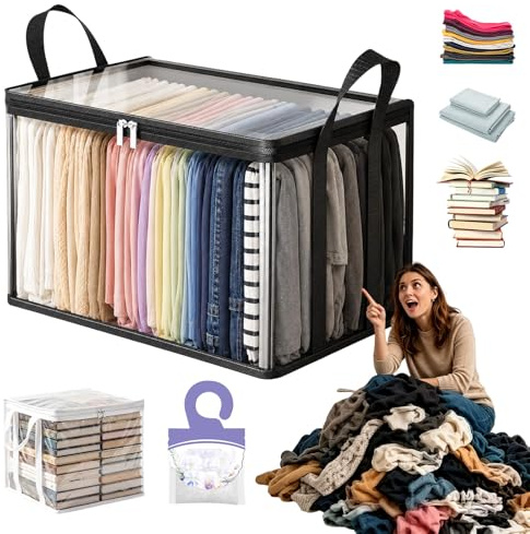Large Heavy-Duty Thick Plastic Clear Storage Bag for Clothes, Moving & Storage, Clear Plastic Storage Boxes with Hinged Lid, Stackable & Dustproof Organization Bins, Maximize Closet Space (Black,1M)
