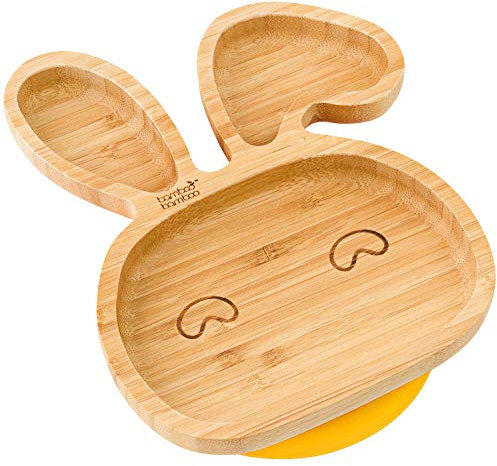 bamboo bamboo Baby and Toddler Plate with Suction Cup for Feeding and Weaning, Bunny Shaped Bamboo Plates with Secure Suction for Babies from 6 Months (Bunny, Yellow)