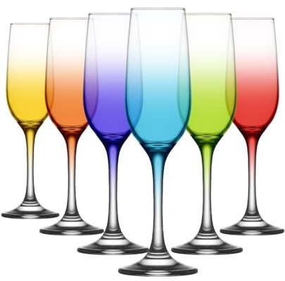 LAV Fame Multicoloured Champagne Flutes - Set of 6-215ml/7.2oz - Flat Base Party Stemware Glasses for Champagne, Red Wine, White Wine, Prosecco Drinking Parties