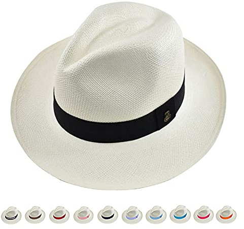 Genuine Panama Hat - Classic Summer Fedora - Black Band - Toquilla Straw - Handwoven in Ecuador (White, Medium)