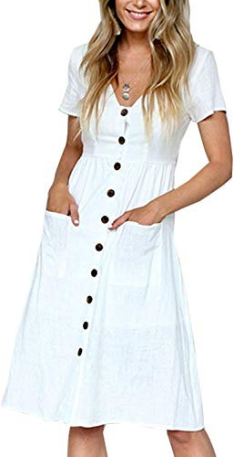Summer Dresses for Women Casual Midi Dress Short Sleeve Shirt V Neck Button Decoration Swing A Line Tunic Dress with Pockets Size XL = UK 14-16 White
