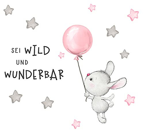 Little Deco Aufkleber Spruch sei wild & Hase I Wandbild L - 264 x 111 cm (BxH) I Luftballon Wandtattoo Kinderzimmer Mädchen Tiere Wandbilder Deko Babyzimmer Kinder DL325