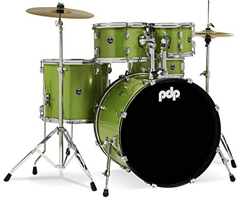 Pacific Drums Center Stage Complete Drumkit, 5 Drum Set, Electric Green Sparkle, 7x10, 8x12, 14x16 Floor, 16x22 Kick, 5x14 Snare (PDCE2215KTEL)