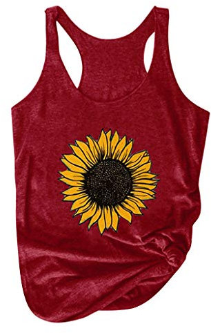 Xniral Damen Tanktop Ärmelloses T-Shirt mit rundem Hals und Sonnenblumendruck Übergröße Sommer Sports Tops(Wein,XL)