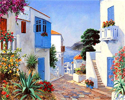 Gofission Paint by Numbers Scene House Flowers Ocean, 40,6 x 50,8 cm, lienzo DIY número pintura kits (sin marco)