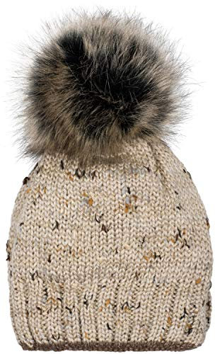styleBREAKER Damen Strick Bommelmütze bunt Gemustert mit Glitzerfaden und Fleece Futter, Winter Fellbommel Mütze 04024178, Farbe:Beige