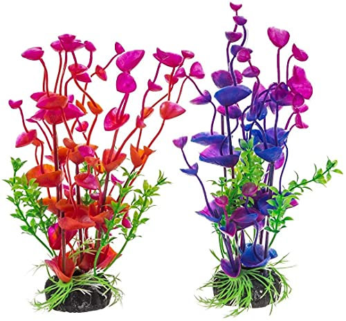 Tigerlily Enterprises 2-Pack Artificial Aquarium Plants – 19cm Plastic Fish Tank Decorations in Red & Purple – Safe, Realistic Aquatic Ornaments for Freshwater & Tropical Tanks