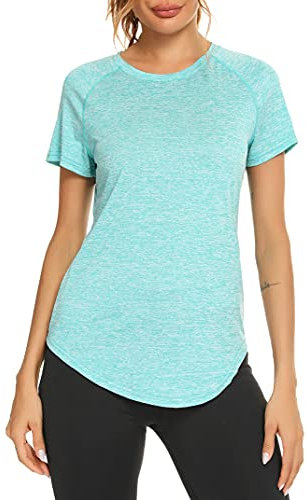 Wayleb Sport Tshirt Damen Locker Sport Oberteile Kurzarm Rundhals Leichtes Laufshirt Fitness T-Shirts Sportoberteile Trainingsshirt Gym Longshirt Tops, Blau XXL