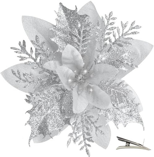20 Piezas Flores de Navidad con Clip, Flores Artificiales para Decoración de Navidad con Polve de Brillo para Guirnalda Corona Árbol de Navidad (Plata)