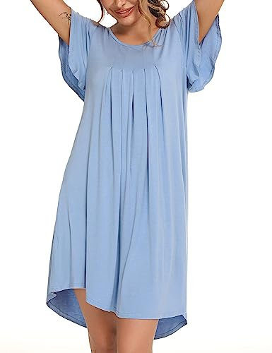 Uniexcosm Camicia da Notte, Camicia Notte Donna Cotone Corta Camicia Notte con Girocollo Sciolto Maniche Corte Camicia da Notte Volant Lovable Sleepwear per Casa e Casuale Blu Chiaro XL