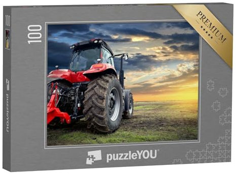 puzzleYOU: Puzzle 100 Teile „Traktor bei Sonnenuntergang, moderner Traktor in Großaufnahme“ – aus der Puzzle-Kollektion Traktoren