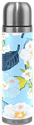 LDIYEU Fleur Floral Bleu Fleur Thermos Café 500 ML Isolée sous Vide Isothermes en Acier Inoxydable d'emballage en Cuir Bouteille d'eau Isotherme Tasse