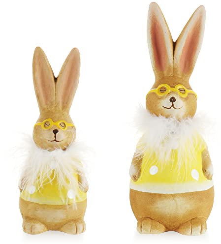 com-four® 2X Deko Aufsteller für Ostern, Bunte Osterhasen mit Brille, Osterdeko zum Hinstellen, Osterdekoration aus Keramik (2 Stück - 14cm + 19cm gelb)
