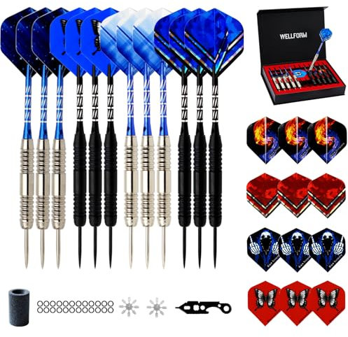 MM MOR&MAX Darts Metal Tip Set，12 Pack 26 Gram Nonslip Iron Barrel, Darts Steel Tip Set Professional,with 12 Aluminum Dart Shafts, 24 Extra Flights, Dart Sharpener, Dart Wrench, Stylish Gift Box
