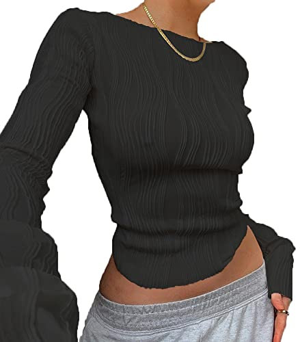 TOFBS T-Shirt Damen Crop Top Damen Langarm Sportshirt Sexy Sport Oberteil Strick Crop T-Shirt Bauchfrei Oberteile Langarmshirt Cropped Tops Pullover Langarm Shirts (Schwarz L)