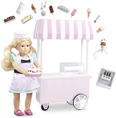 Lori – Kleine Puppe & Eisstand – 15 cm Mini Puppe mit blonden Haaren – mit Puppenzubehör & Puppenkleidung – Waffeln, Softeis, Eis am Stiel – Spielzeug für Kinder ab 3 Jahren – Evelinas Eiswagen