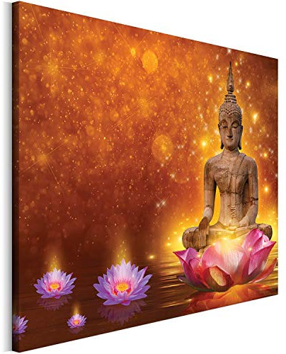 REVOLIO 45x30 cm Leinwandbild Wandbilder Wohnzimmer Modern Kunstdruck Design Wanddekoration Deko Bild auf Leinwand Bilder 1 Teilig - Buddha Lotusblüte Sterne Zen
