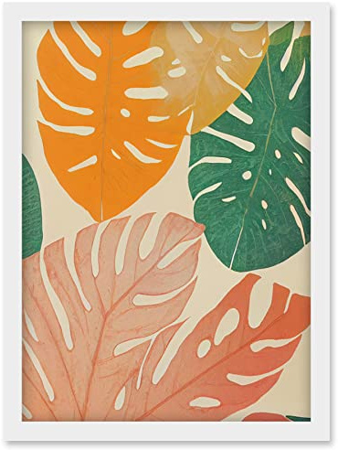 Wee Blue Coo Pastel Monstera Leaves Botanical Artwork Framed Wall Art Print A4