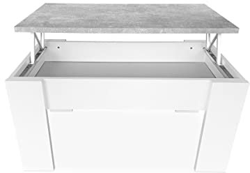Somnia Descanso - Mesa de Centro Elevable, Mesita de Salón o Comedor, Acabado en Color Blanco con Tapa Gris, Medidas: 90 cm (Ancho) x 50 cm (Fondo) x 46-57 cm (Alto)
