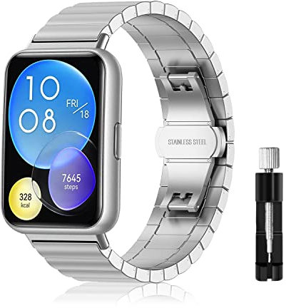 LanQii Armband Kompatibel mit Huawei Watch Fit 2, Edelstahl Metall Ersatz Uhrenarmband Schnellverschluss Damen Herren Ersatzarmband für Huawei Watch Fit 2 -Silber