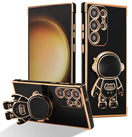 RALEAVO Hülle für Samsung Galaxy S23 Ultra mit Astronaut Ständer, Kameraschutz Kratzfest Stoßfeste Bumper Handyhülle mit 3D Cartoon für Galaxy S23 Ultra-Schwarz