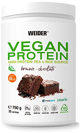 Weider Vegan Protein (750g) Gusto Cioccolato. Proteine Vegane 21g/dose isolate di piselli e riso, Con Vitamina B12 e Stevia, Senza Glutine, Senza Zucchero, Contenitore 50% Riciclato, 100% Riciclabile