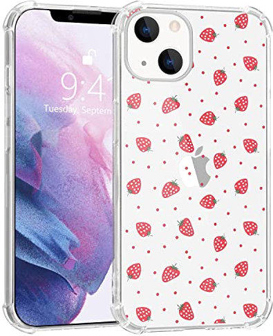 MAYCARI Cute Strawberry Case Clear for iPhone 12/12 Pro, Funny Fruit Pattern Transparent Shockproof Anti-Scratch Soft TPU Cover with Air Cushion for Men Women Boys Girls