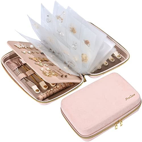 ProCase Schmuckkästchen Reise Harte Schmuckaufbewahrung Schmuckbeutel Buch mit Transparente Tasche und Reißverschlüsse, Schmuck Organizer Damen für Ohrringe Halsketten Armbänder Organizer - Rosa