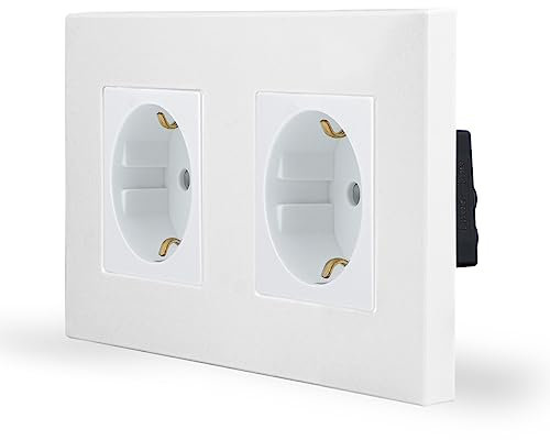 Luxus-Time 2-Fach Schuko Steckdose, Doppelsteckdose, Wandsteckdose mit Kindersicherung, zweifach Design Kunststoffrahmen für DE Unterputzdose in weiß