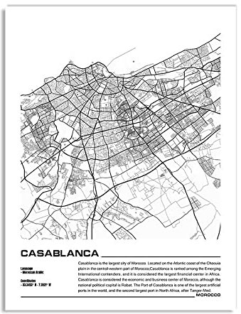 Leinwand Bilder,Moderne Schwarz-Weiß-Karte, Poster, Drucke, Profil Der Stadt Casablanca, Kunstwerke, Rahmenlose Bilder, Malerei, Souvenir Für Wohnzimmer, Schlafzimmer, Heimdekoration, Geburtstagsge