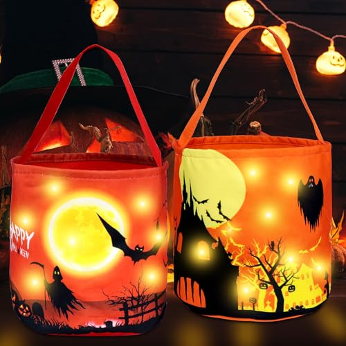 Homgaty LED Halloween Eimer, 2 Stück Leuchtende Süßigkeiten Tasche für Süßes oder Saures, Kürbis Candy Tüten für Kinder, Geschenktasche für Party