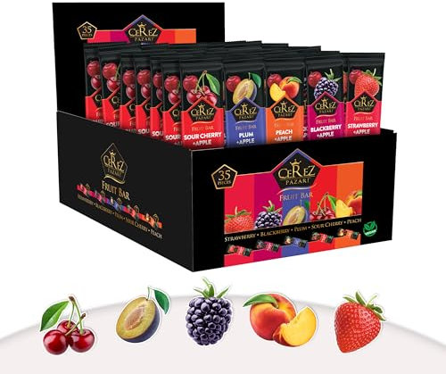 Cerez Pazari Dried Fruit Roll Ups, 25g x 35 pack Snacks Variety Pack for Kids, Healthy Fruit Snacks Bulk, Vegan Real Fruit Bars, Snacks with Strawberry, Blackberry, Plum, Sour Cherry and Peach