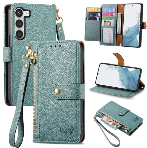 VEEMOS Handyhülle für Samsung Galaxy S23 5G Hülle Klappbar Klapphülle Schutzhülle mit Kartenfach RFID Reißverschluss Handy Tasche Leder Flip Case Cover Handytasche Frauen - Grün