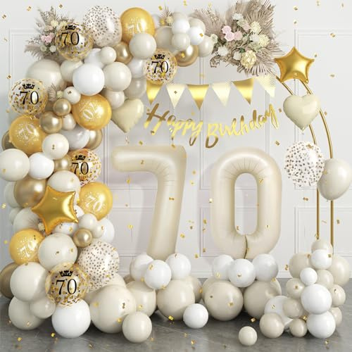 70th Birthday Decorations Sand White Gold Balloon Arch Garland Kit With Number 70 Foil Balloons, Happy Birthday Banner for Women Men Party Decoration