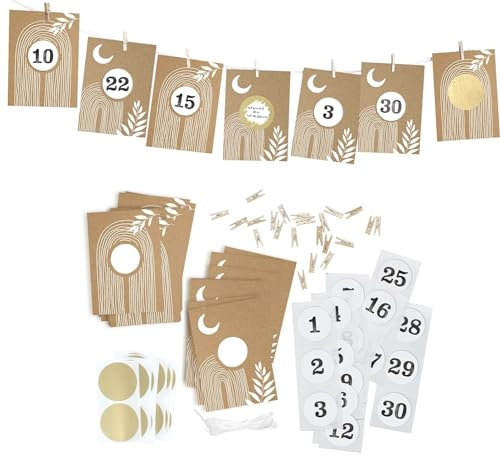 Mimi und Anton Ramadan Kalender zum Rubbeln, 30 Ramadan Adventskalender, Eid Mubarak, | Bastelset 122 Teile | Gute Taten statt Zeug Rubbelkalender im KRAFTPAPIER Look, Boho