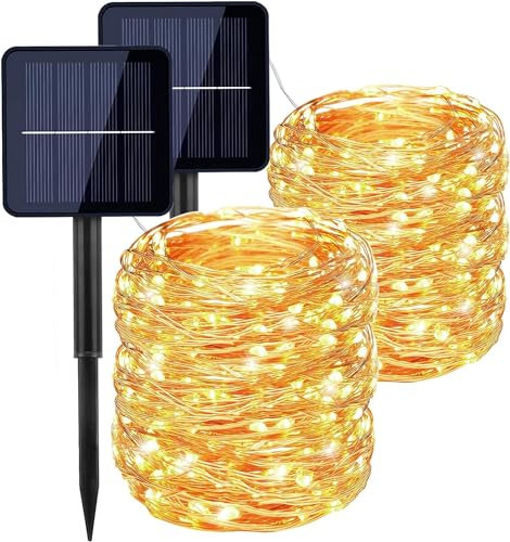 Qxmcov Solar Lichterkette Aussen, 2 Stück 22M 200 LED Solar Lichterketten Außen Kupferdraht 8 Modi Timer IP65 Wetterfest für Garten Balkon Terrasse Hochzeit Party Innen Außen Dekorationen Warmweiß