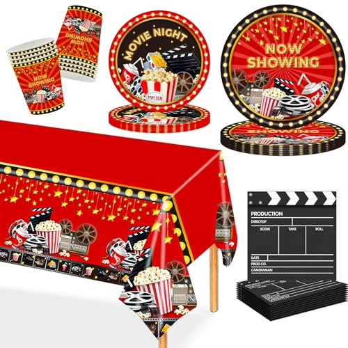 MORAINJAY Fiesta de Cumpleaños Cine Hollywood Vajilla, 97 Piezas Cine Cartón Platos, Vasos, Servilletas, Decoraciones Para Fiestas Temáticas De Películas De Hollywood, Movie Night Kit