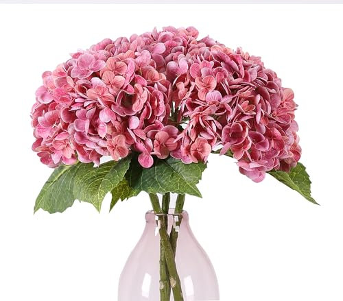 Duovlo Hortensien, künstliche 53,3 cm, realistisch, fühlen sich echt an, lebensechte Blumen, Hochzeit, Zuhause, Büro, Hecor, Party, Tischaufsätze (Rose), 3 Stück