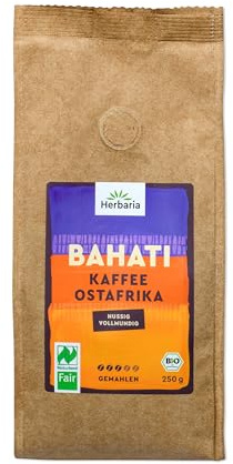 Herbaria BAHATI BIO Kaffee gemahlen, Naturland Fair zertifiziert, 250g | Bio Kaffeebohnen aus Ostafrika, ausgewogene Röstaromen von gerösteten Nüssen & Schokolade, für Filterkaffee & French Press