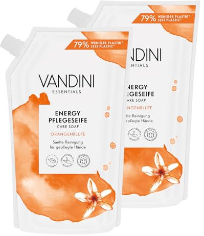 VANDINI 2x Energy Seife Nachfüllbeutel mit Orangenblüte Duft 500ml - Made in Germany Flüssigseife Nachfüllbeutel vegan - Handseife Nachfüllbeutel reinigt sanft - Liquid hand soap refill