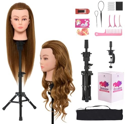 Neverland 71cm Frisierkopf Übungskopf mit Ständer, 60% Echthaar Puppenkopf zum Frisieren, Trainingsköpfe für Friseure Ausbildung Kopf mit Tischklemme und Haare Zubehör(Golden)