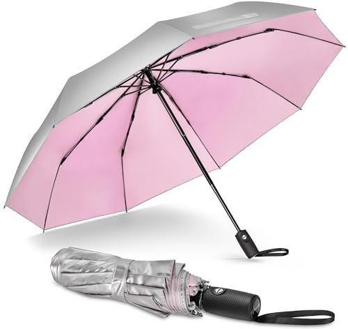 NINEMAX UV Umbrella for Sun Protection UPF 50+, Sun Umbrella UV Protection, Travel Compact Brolly Solar Blocking Reflective Windproof Auto Open Close,46 Inch (Silver Pink)