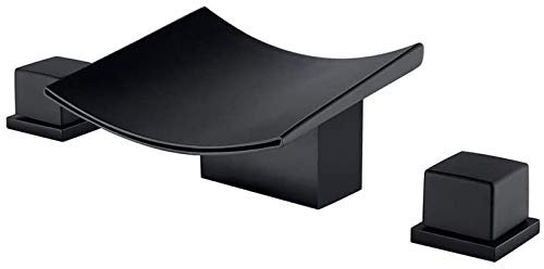 Robinet de Salle de Bain Cascade, Robinet de lavabo de Salle de Bain largement répandu à 3 Trous et 2 poignées, Robinet de lavabo Moderne Noir Mat pour Salle de Bain