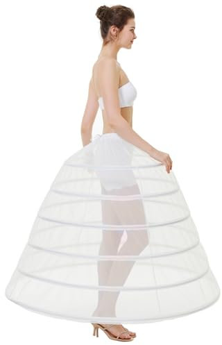 BEAUTELICATE Reifrock Brautkleid Damen Petticoat Unterrock Lang 6 Ringen Crinoline Rockabilly für Brautkleid Ballkleid Hochzeit Halloween Carneval Weiß, 34-40