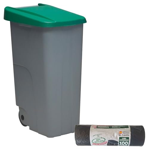WELL HOME - Contenedor Cerrado 85L Verde H.76cm + Rollo 10 bolsas de basura 100L