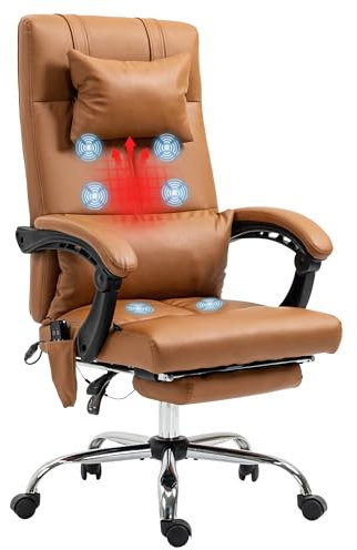 Vinsetto Fauteuil de Massage de Bureau, Chaise d'ordinateur chauffante, Repose-Pieds, télécommande, Coussin Appui-tête Amovible et Oreiller Lombaire, Poche de Rangement, Housse synthétique, Marron