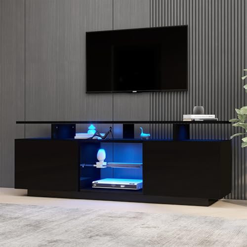 Merax LED TV Schrank, Moderner Schwarzer TV Lowboard, Hochglanz TV Lowboard für 60-Zoll-Fernseher, 140 * 35 * 55 cm