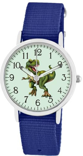 Brecjon Kinder Armbanduhr Jungen Jungenuhr Kids Dinosaurier T Rex Leucht Zifferblatt 5ATM Wasserdicht Textil Armband dunkelblau 5203